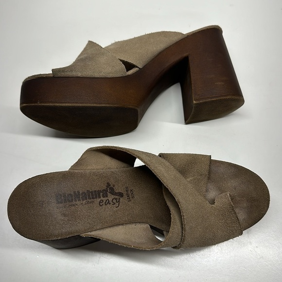 Bionatural Suede Slide Chunky Block Heel Open Toe Sandals Shoes Tan Brown Size 9 - Picture 7 of 10